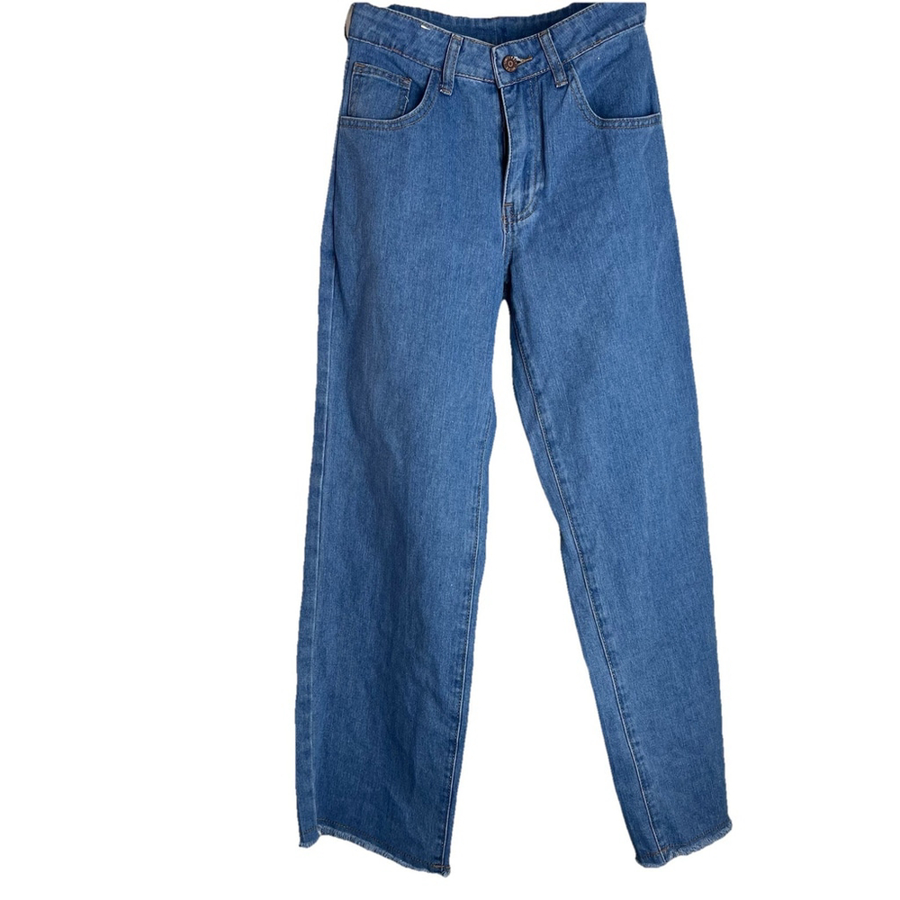 High Rise Straight Leg Jeans Womens Raw Hem Vintage Style Blue Denim